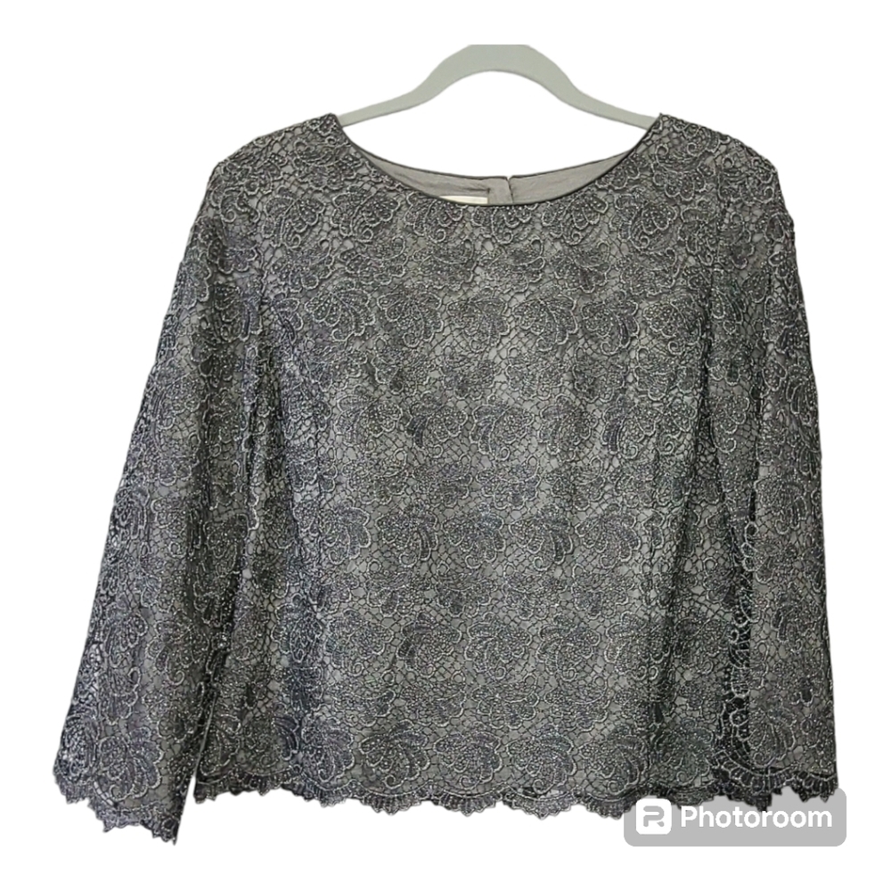 TALBOTS Metallic Silver Lace 3/4 Sleeve Formal Top Party Glam Crochet‎ Womens